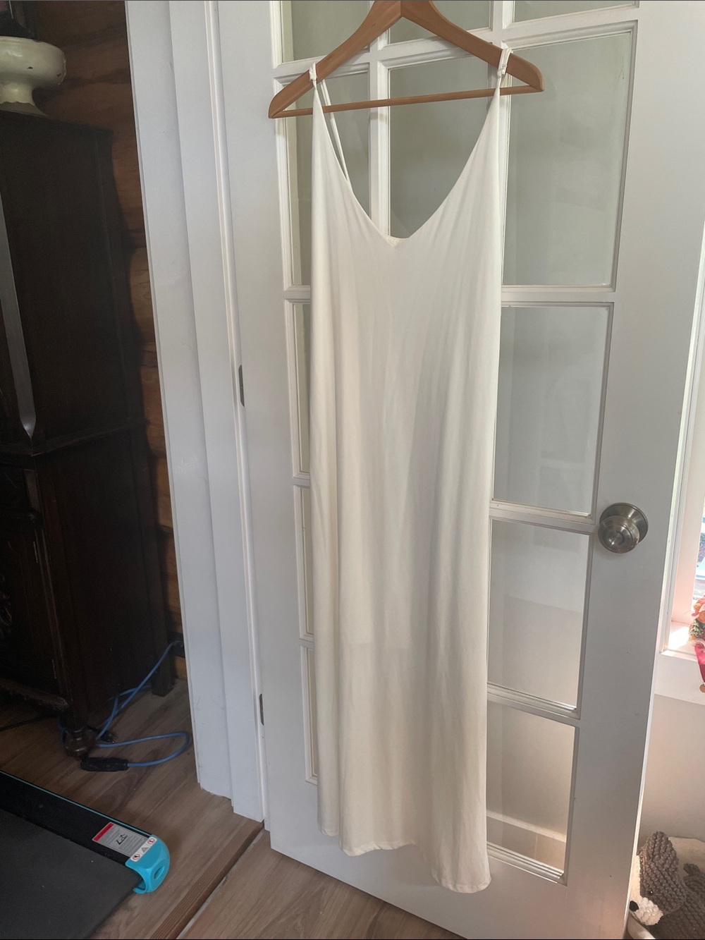 Women's White Slip Maxi Dress - Minimal V-Neck Spaghetti Strap